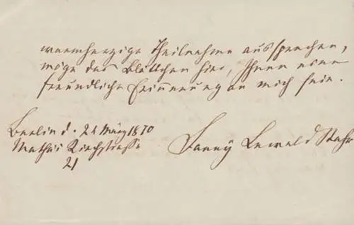 Lewald Stahr, Fanny, Schriftstellerin u. Frauenrechtlerin (1811-1889): Eigenhändiges Schreiben mit Unterschrift "Fanny Lewald Stahr". Berlin, 21. März 1870, Mathäi Kirchstraße 21. 