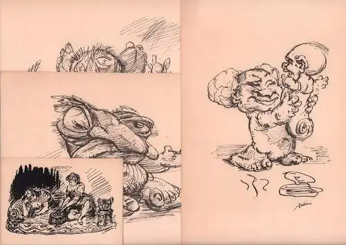 Ohne Titel (gnomenhafte u. kephalopode Figuren, mit Vogel, Säugling u. kl. Kopffüßler), 3 Zeichnungen. Mit 1 Postkarte: "Haremsdamen", Zeichnung 1945, Kubin, Alfred