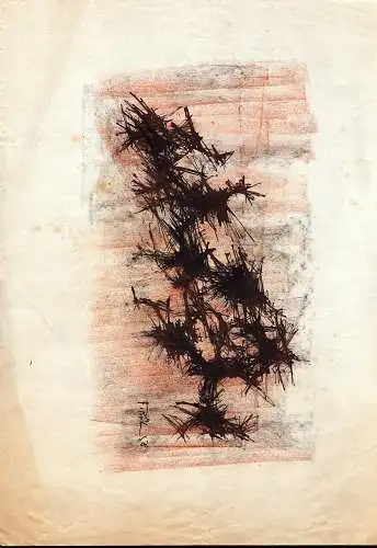Abstrakte Skizze [ohne Titel]. Schwarze und braune Tusche auf braun/schwarzer Kreideschraffur (an Seeigel erinnernde Formen u. Strukturen), Böhm, Frank