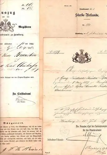 Hamburg. Aufsichtsbehörde für die Standesämter: Das beurkundete Leben des Mechanikers Georg Friedrich Theodor BRUNSTEIN, geb. 1837 zu Reinfeld, gest. 1898 zu Hamburg. 1. Auszug aus.. 