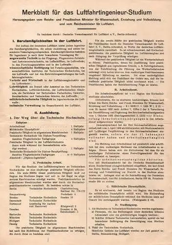 Merkblatt für das Luftfahrtingenieur-Studium. Hrsg. vom Reichs-u nd Preußischen Minister für Wissenschaft, Erziehung und Volksbildung und vom Reichsminister für Luftfahrt