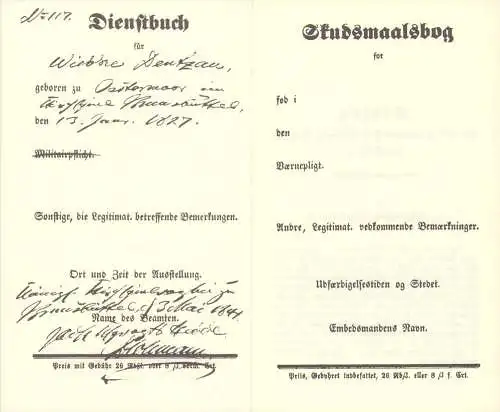 Dienstbuch für Wiebke Dentzau, geboren zu Oestermoor den 13. Januar 1827. Ausgestellt  den 3. Mai 1841. (FAKSIMILE). 