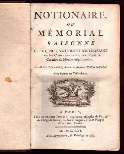 Garsault, [François Alexandre Pierre de]: Notionaire, Ou Mémorial Raisonné De Ce Qu'Il Y A D'Utile Et D'Intéressant dans les Connoissances acquises depuis la Création du Monde jusqu'à présent. Avec Figures en Taille-douce / par M. de Garsault. 