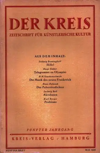 Der Kreis. Zeitschrift für künstlerische Kultur. JG 5, HEFT 5 | Mai 1928. (Hrsg. von Ludwig Benninghoff u. Wilhelm Postulart). 