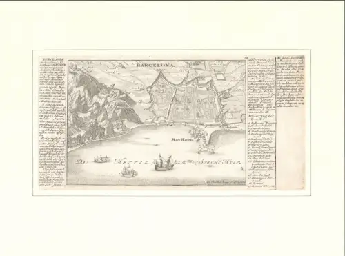Barcelona. Befestigungsplan aus der Vogelschau. Original-Kupferstich, Bodenehr, Gabriel
