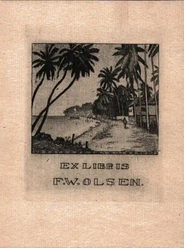 EX LIBRIS F. W. Olsen. "Per aspera ad astra" [Wahlspruch]. Orig.-Radierung, Bahre, H. E