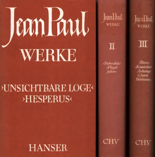 Jean Paul (d.i. Johann Paul Friedrich Richter): [Sämtliche] Werke. [ABTEILUNG I: Erzählende und theoretische Werke, BAND 1-3 (von 6). Hrsg. von Norbert Miller. Mit einem Nachwort von Walter Höllerer. (8.-9. Tsd.). 