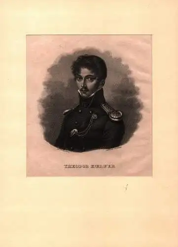 PORTRAIT Theodor Körner. (1791 Dresden - 1813 bei Gadebusch, Dichter u. Freiheitskämpfer). Brustbild im Dreiviertelprofil nach links. Stahlstich, Körner, [Carl] Theodor