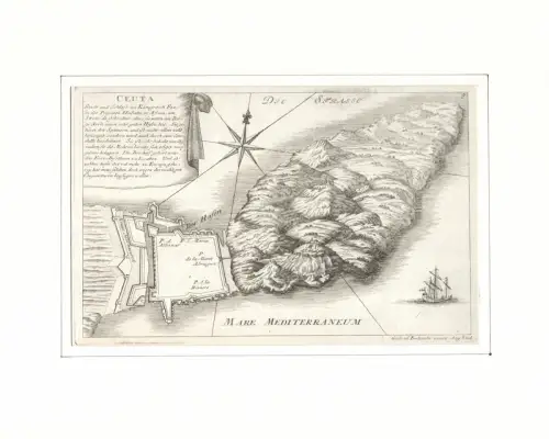 Ceuta Stadt und Schloss im Königreich Fez, in der Provintz Habata in Afrika, am Stretto di Gibraltar, Allwo sie unten am Berge Avila einen sehr guten Hafen hat. Befestigungsplan aus der Vogelschau. Original-Kupferstich, Bodenehr, Gabriel