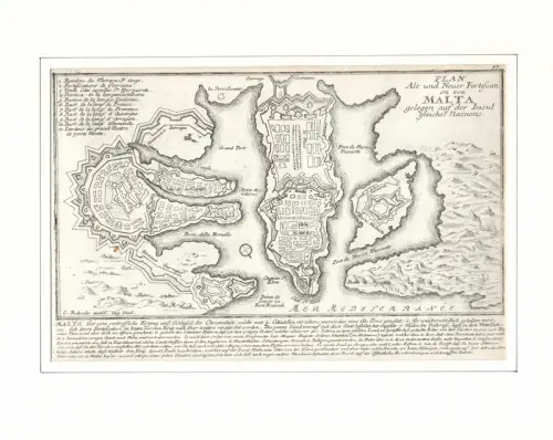 Plan Alt und Neuer Fortification von Malta gelegen auf der Insel gleiches Namens. Befestigungsplan aus der Vogelschau. Original-Kupferstich, Bodenehr, Gabriel