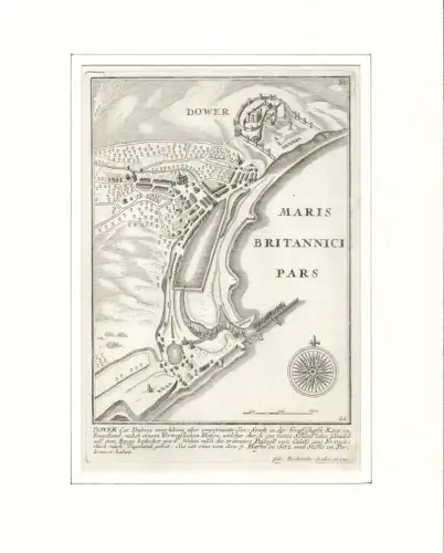 Dover [Dower] Lat. Dubris eine kleine aber importante See-Stadt in der Graffschaft Kent in Engelland, nebst einem Vortrefflichen Hafen, welcher durch ein festes Schloss oder Citadell auf dem Berge bedecket wird. Befestigungsplan aus der Vogelschau. Origin