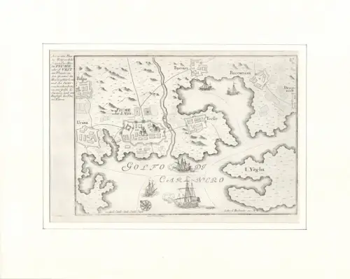Accurater Plan des Kayserliche freyen See-Hafen Fiume oder S.Veit am Flaum an den Grentzen des Hertzogthums Gain und des Oesterreichischen Istrien, am Golfo die Carnero, und am Einfluss des Flusses Fiume. Befestigungsplan aus der Vogelschau. Original-Kupf