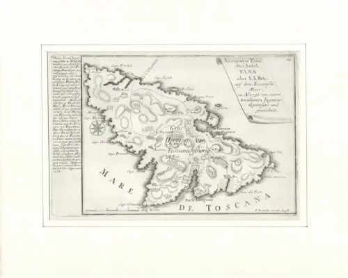 Accurater Plan der Insul Elva oder Elba auf dem Toscanische Meer; in Anno 1730 von einem berühmten Ingenieur abgemessen und gezeichnet. Befestigungsplan aus der Vogelschau. Original-Kupferstich, Bodenehr, Gabriel