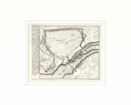 Leutmeritz [Leutmaritz] ist eine vornehme, Königliche Statt an der Elbe in welche ein wenig oberhalb die Eger darein fällt. Befestigungsplan aus der Vogelschau. Original-Kupferstich, Bodenehr, Gabriel