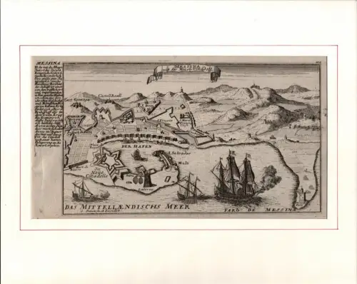 Messina mitt der Neuen Cittadell. Befestigungsplan aus der Vogelschau. Original-Kupferstich, Bodenehr, Gabriel