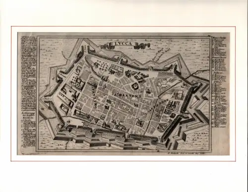 Lucca. Befestigungsplan aus der Vogelschau. Original-Kupferstich, Bodenehr, Gabriel