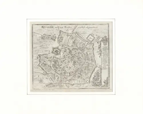 Meiland nach dem Neuesten grundriss abgezeichnet. Befestigungsplan aus der Vogelschau. Original-Kupferstich, Bodenehr, Gabriel