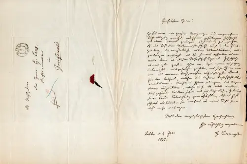 Burmeister, (Karl) Hermann (Konrad), dt.-argentin. Naturwissenschaftler (1807-1892); Mitglied der Nationalversammlung 1848: Eigenhändiger Brief mit Unterschrift [H Burmeister] in braunschwarzer Tinte. 