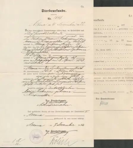 Zwei Sterbeurkunden aus Altona: [1.] Für die Zigarrengeschäftsinhaberin Anna Elisabeth Luise Lenschow, geb. Kiesewetter. [2.] Für die Witwe Marie Luise Henriette Kotensen, geb. Kiesewetter. 