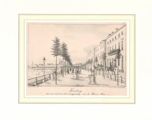 Hamburg. Der neue und der alte Jungfernstieg mit der Binnen-Alster. Original-Kreidelithographie, gezeichnet und gedruckt von Peter Suhr