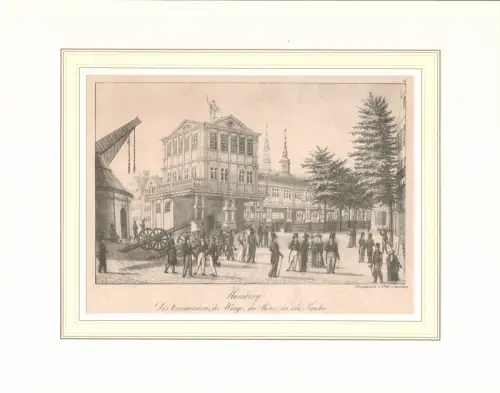 Das Commercium, die Waage, die Börse, der alte Krahn. Original-Kreidelithographie von Peter Suhr