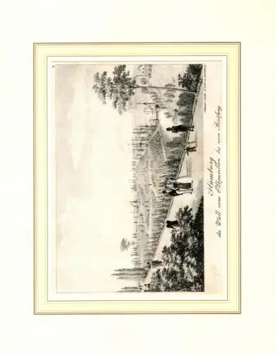 Hamburg, der Wall vom Elbpavillon bis zum Stintfang. Original-Kreidelithographie d. Gebr. Suhr