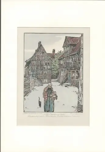 Alt-Hamburg 1906 - Dodenhof mit Pesthaus / Altstädterstrasse. Handkolorierter Holzschnitt, von Hand des Künstlers bezeichnet u. signiert, Helms, Paul