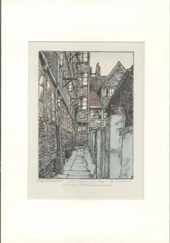 Alt-Hamburg 1906 - Hof in der Michaelisstrasse. Zartkolorierter Holzschnitt, von Hand des Künstlers bezeichnet u. signiert, Helms, Paul