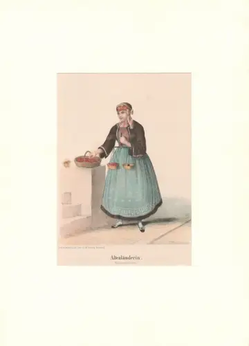 Altenländerin. (Hamburgs Trachten). Altkolorierte Kreidelithographie
