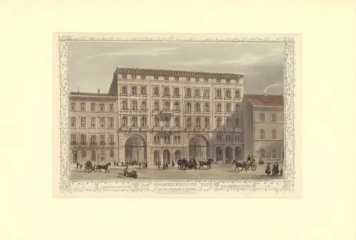 Das Oppenheimer'sche Haus auf dem Neuenwall in Hamburg. Altkolorierter Stahlstich mit Rankenbordüre. Gestochen von J. Gray nach Schlösser