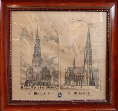 St. Nicolai Kirche: Vom Feuer zerstört am 5. Mai 1842 / St. Nicolai Kirche: Grundsteinlegung am 14. September 1846. Einweihung der Kirche am 24. September.. 