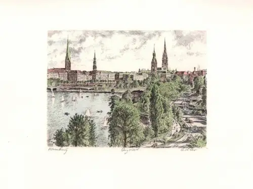 Außenalster, Lombardsbrücke, Straße Alsterufer. Handkolorierte Original-Radierung, Adler, Richard