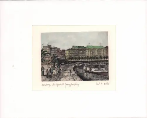 Jungfernstieg in Hamburg, Anlegestelle. Handkolorierte Original-Radierung, Adler, Richard