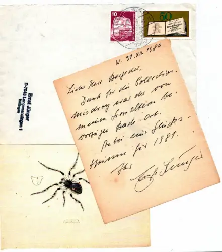 Jünger, Ernst (1895-1998) Schriftsteller, Insektenkundler: Anbei eine Glücksspinne für 1981.. Eigenhändiges Briefchen mit Unterschrift, datiert 31. XII. 1980. 