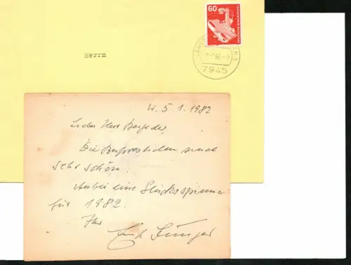 Die Buprestiden sind sehr schön. Anbei eine Glücksspinne für 1982.. Eigenhändiges Briefchen mit Unterschrift, datiert 5.1.1982, Jünger, Ernst (1895-1998) Schriftsteller, Insektenkundler