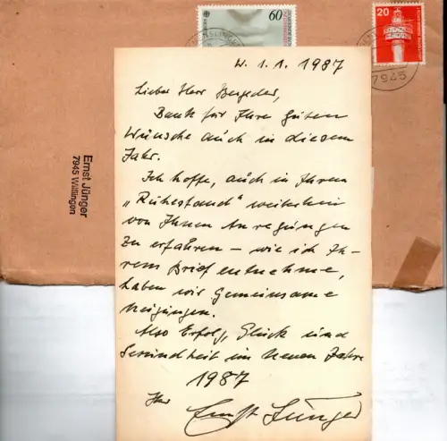 Jünger, Ernst (1895-1998) Schriftsteller, Insektenkundler: Dank für Ihre guten Wünsche auch in diesem Jahr.. Eigenhändiger Brief mit Unterschrift, datiert 1. 1. 1987. 