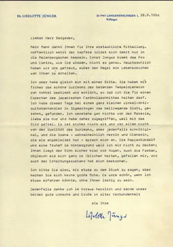 Maschinenschriftl. Brief mit eigenh. Unterschrift "Liselotte Jünger". Datiert 28.9.1990, Jünger, Lieselotte