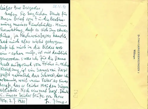 Jünger, Lieselotte: Porträtfoto, umseitig beschrieben und signiert von "L. Jünger". Datiert 21.10.90. 