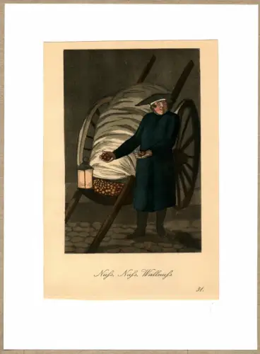 Suhr, Christopher: Nüß, Nüß, Wallnüß! [Nüsse!  Nüsse! Auch Walnüsse!]. Nussverkäufer | Nut Vendor. Original-Lithographie, altkoloriert. 