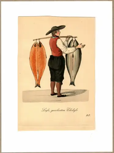 Suhr, Christopher: Lass, gerökerten Elvlass! [Lachs! Geräucherter Elblachs!]. Lachsverkäufer | Salmon Monger. Original-Lithographie, altkoloriert. 