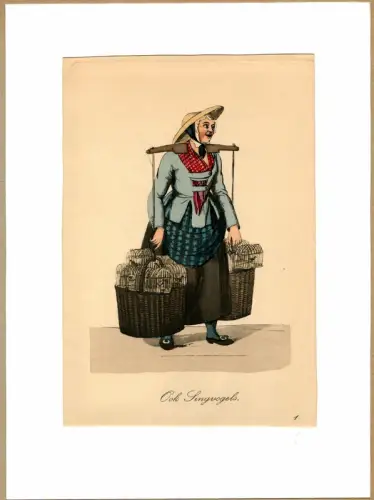 Suhr, Christopher: Ook Singvogels! [Biete Singvögel!]. Vogelhändlerin | Bird Dealer. Original-Lithographie, altkoloriert. 