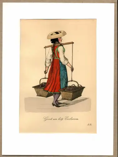 Suhr, Christopher: Groot un lütj Eerbeeren! [Große und kleine Erdbeeren!]. Erdbeerverkäuferin | Strawberry Seller. Original-Lithographie, altkoloriert. 