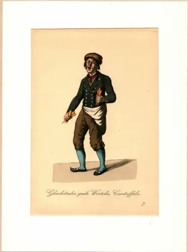 Suhr, Christopher: Glueckstaeder geele Woerteln, Tantueffeln! [Karotten und Kartoffeln aus Glückstadt!]. Gemüseverkäufer | Greengrocer. Original-Lithographie, altkoloriert. 