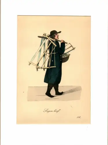 Suhr, Christopher: Sagen koof! [Sägen! Kauft Sägen!]. Sägenverkäufer | Saw Salesman. Original-Lithographie, altkoloriert. 