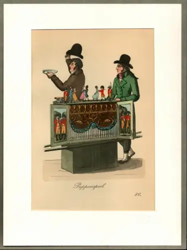 Suhr, Christopher: Puppenspiel! [Puppenspiel! Kommt herbei!]. Puppenspieler | Puppeteer. Original-Lithographie, altkoloriert. 