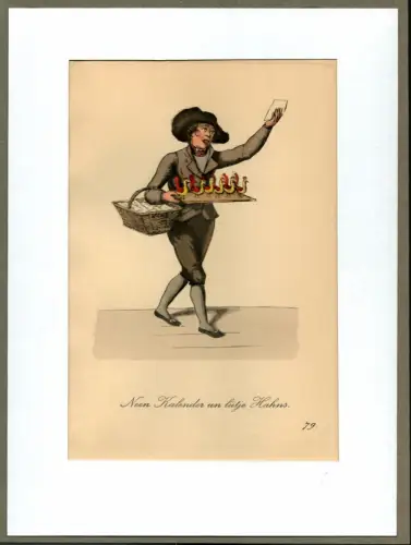Suhr, Christopher: Neen Kalender un luetje Hahns! [Biete Kalender! Verkaufe Gockelfiguren!]. Krimskramshändler | Bric-a-brac Dealer. Original-Lithographie, altkoloriert. 