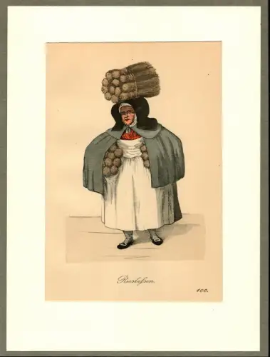 Suhr, Christopher: Riesbessen! [Reisigbesen zu kaufen!]. Reisigverkäuferin | Brushwood Seller. Original-Lithographie, altkoloriert. 