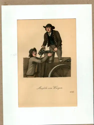 Suhr, Christopher: Musseln von Waagen! [Muscheln!  Frisch vom Wagen!]. Muschelverkäufer | Mussel Monger. Original-Lithographie, altkoloriert. 