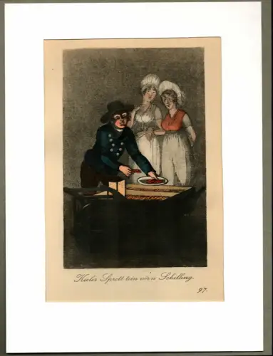 Suhr, Christopher: Kieler Sprott tein vör'n Schilling! [Kieler Sprotten zu kaufen!]. Sprottenverkäufer | Sprat Monger. Original-Lithographie, altkoloriert. 