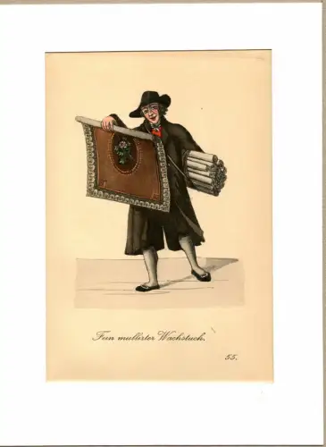 Suhr, Christopher: Fein mullirter Wachstuch! [Wachstücher, feinst gefärbt!]. Wachstuchverkäufer | Oilcloth Seller. Original-Lithographie, altkoloriert. 